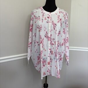 Woman Within Top Women's 2X Pink Floral Cotton Button Pintuck Blouse Cottagecore